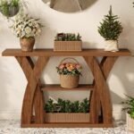 طاولة كونسول خشب ريفي طويلة بتصميم اكس و3 أرفف