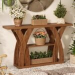 ⁦طاولة كونسول خشب ريفي طويلة بتصميم اكس و3 أرفف⁩ - الصورة ⁦2⁩