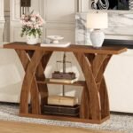 ⁦طاولة كونسول خشب ريفي طويلة بتصميم اكس و3 أرفف⁩ - الصورة ⁦3⁩