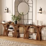 ⁦طاولة كونسول خشب ريفي طويلة بتصميم اكس و3 أرفف⁩ - الصورة ⁦4⁩